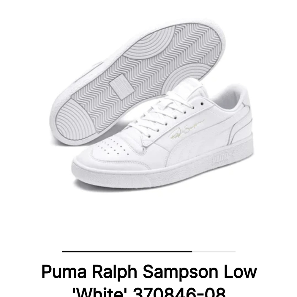 Puma Ralph Sampson low all white with golden embroidery on the logo.